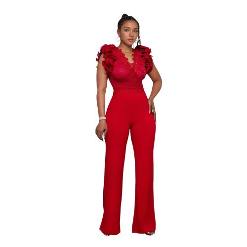 Red Lace Deep V Neck Ruffles Bodycon Casual Jumpsuit Dress