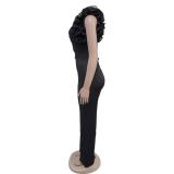 Black Lace Deep V Neck Ruffles Bodycon Casual Jumpsuit Dress