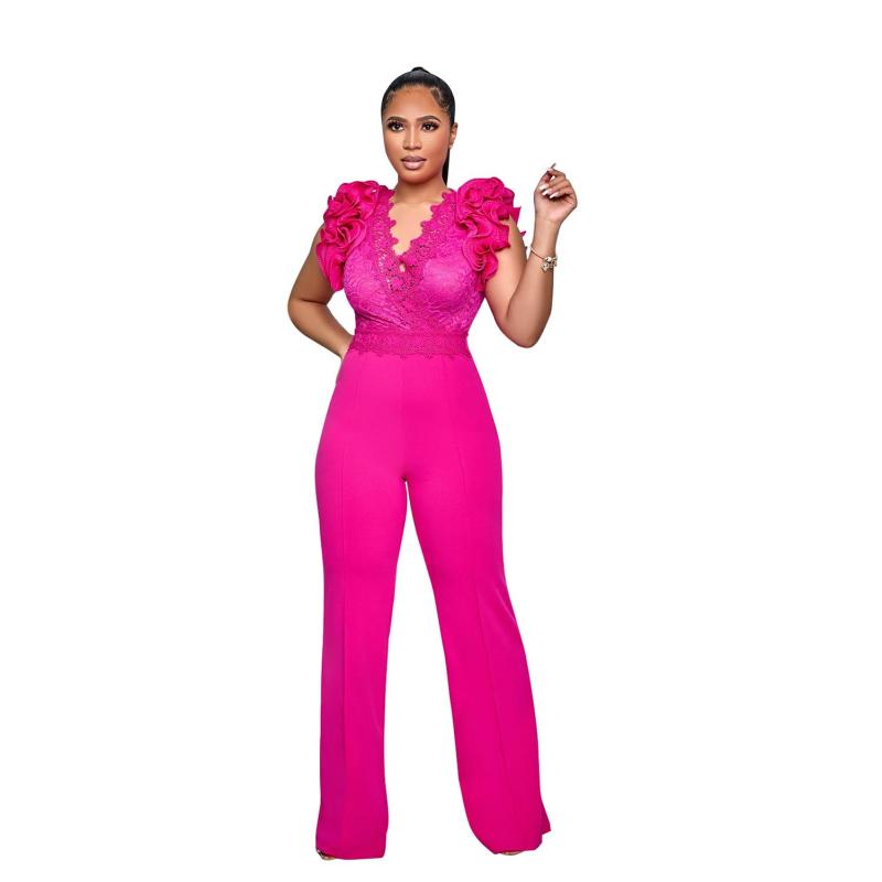 Rose Red Lace Deep V Neck Ruffles Bodycon Casual Jumpsuit Dress