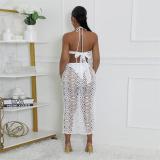 White Hollow Out Backless Lace Up Straps Women Party Midi Dress