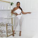 White Hollow Out Backless Lace Up Straps Women Party Midi Dress