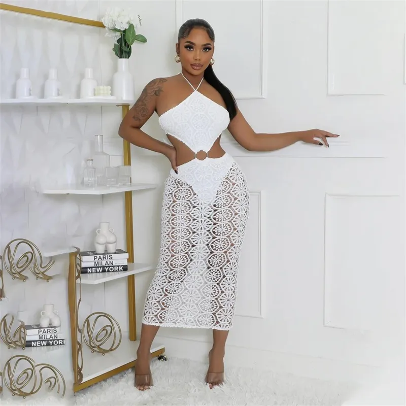 White Hollow Out Backless Lace Up Straps Women Party Midi Dress
