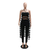 Black Off Shoulder Mesh Flowers Tassels Top Two Pieces Pant Sets