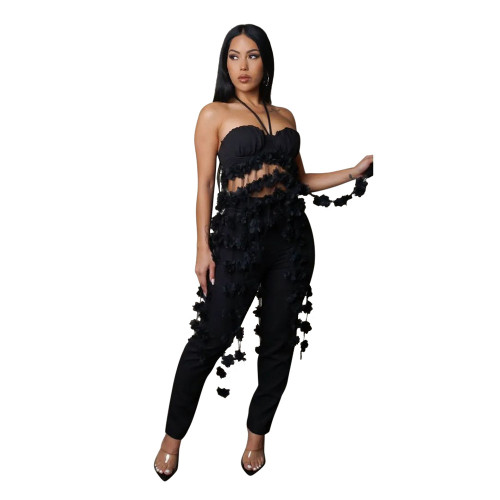 Black Off Shoulder Mesh Flowers Tassels Top Two Pieces Pant Sets
