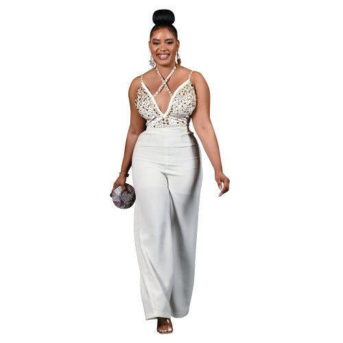 White Straps V Neck Diamonds Fashion Prom Party Jumpsuits