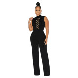 Black Sleeveless O Neck Chains Bodycon Casual Women Jumpsuits