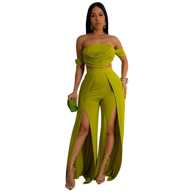 Green Strapless Crop Top Casual Slit Sexy Wide Leg Pants Set