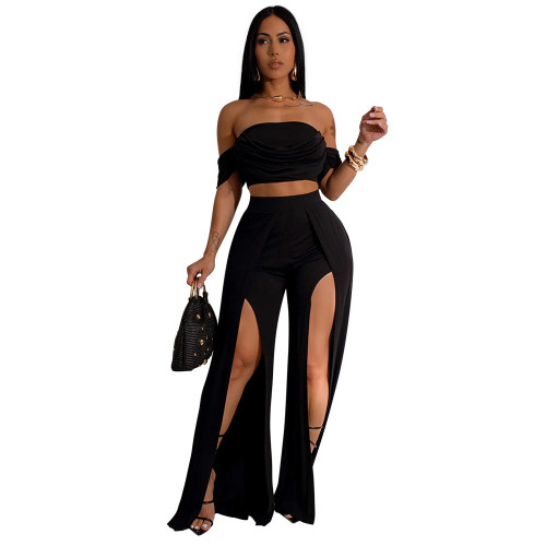 Black Strapless Crop Top Casual Slit Sexy Wide Leg Pants Set