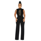 Black Sleeveless O Neck Chains Bodycon Casual Women Jumpsuits