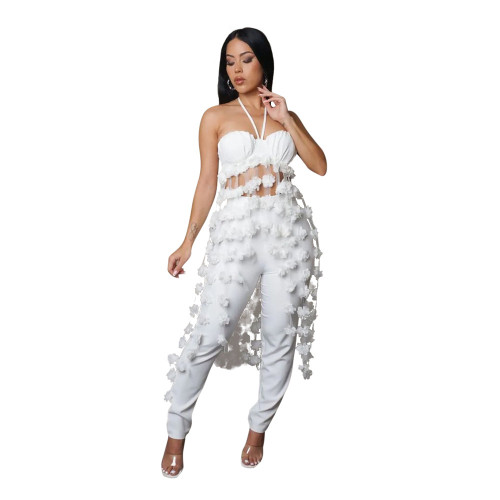 White Off Shoulder Mesh Flowers Tassels Top Two Pieces Pant Sets