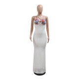 White Straps V Neck Diamonds Bodycon Evening Prom Formal Maxi Dress
