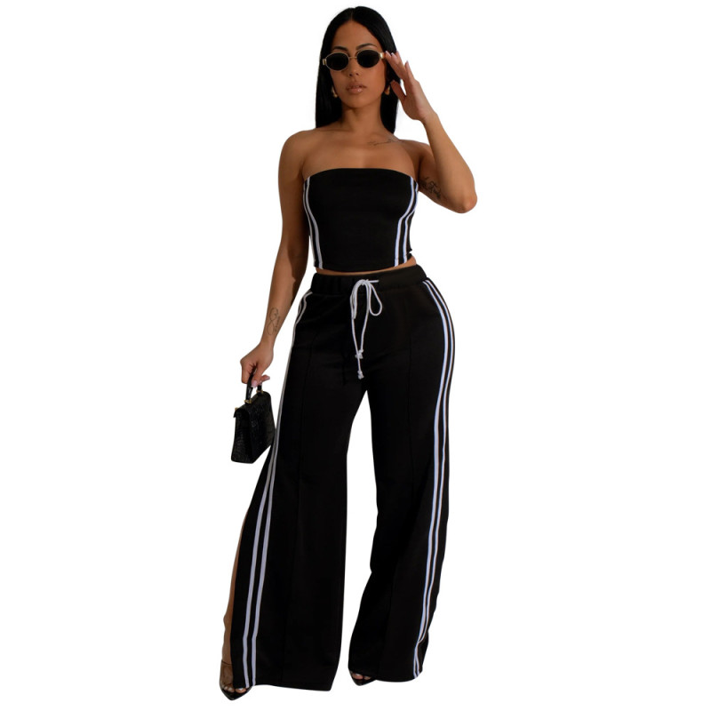 Black Off Shoulder Strapless Top Casual Fashion Trousers Two Pieces Sets