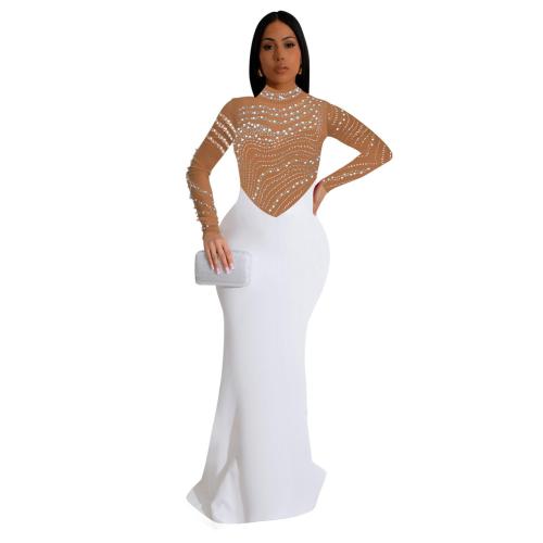 White Mesh Long Sleeve Rhinestones Bodycon Evening Prom Party Long Dress