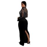Black Mesh Long Sleeve Rhinestones Bodycon Evening Prom Party Long Dress