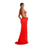 Red Straps V Neck Rhinestones Mesh Backless Luxury Party Evening Maxi Dress