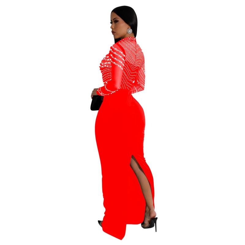 Red Mesh Long Sleeve Rhinestones Bodycon Evening Prom Party Long Dress