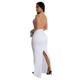White Mesh Long Sleeve Rhinestones Bodycon Evening Prom Party Long Dress