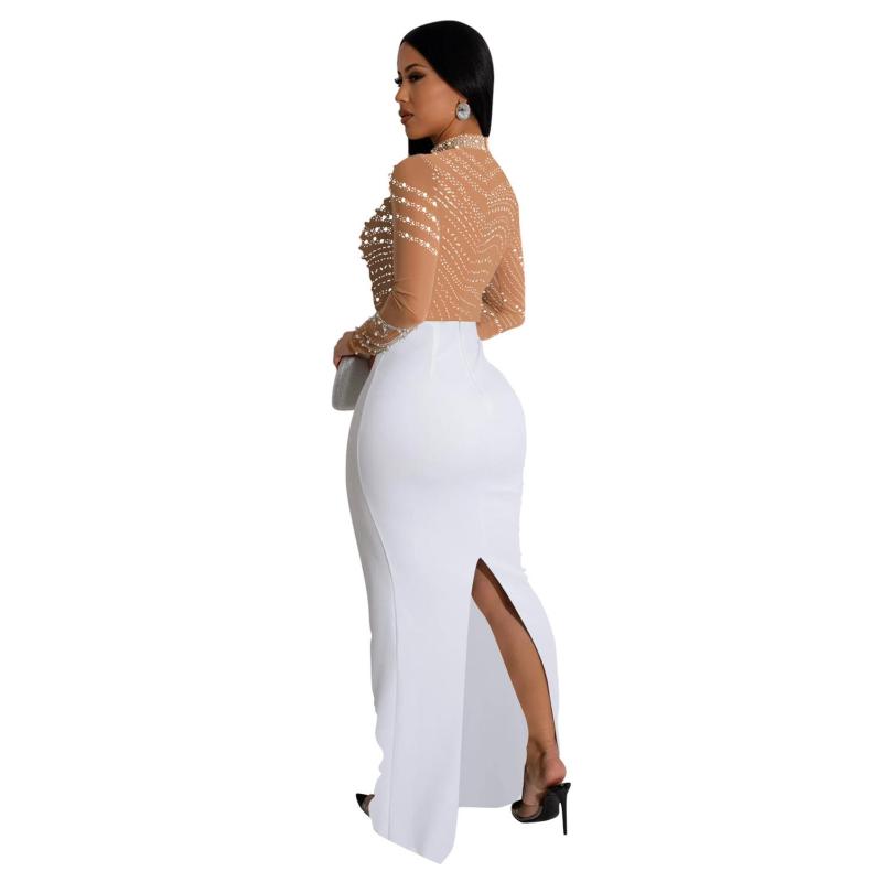 White Mesh Long Sleeve Rhinestones Bodycon Evening Prom Party Long Dress