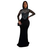 Black Mesh Long Sleeve Rhinestones Bodycon Evening Prom Party Long Dress