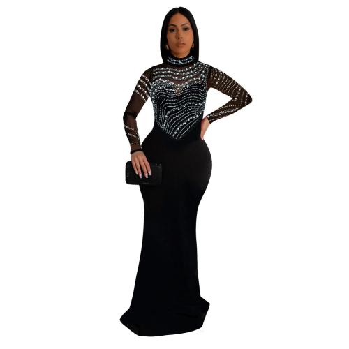 Black Mesh Long Sleeve Rhinestones Bodycon Evening Prom Party Long Dress