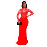 Red Mesh Long Sleeve Rhinestones Bodycon Evening Prom Party Long Dress