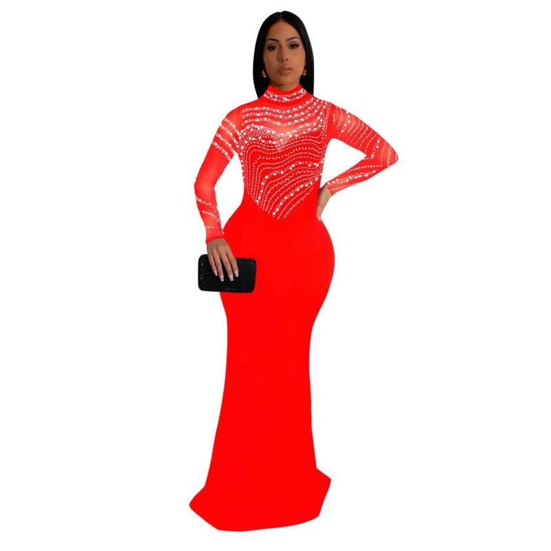 Red Mesh Long Sleeve Rhinestones Bodycon Evening Prom Party Long Dress