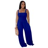 Blue Straps Folds Fashion Women Wide Leg Jumpsuits Dress