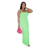 Mint Green Straps Folds Fashion Women Wide Leg Jumpsuits Dress