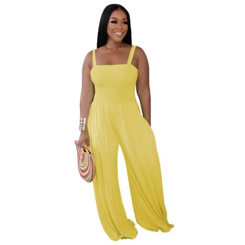 Yellow Straps Folds Fashion Women Wide Leg Jumpsuits Dress
