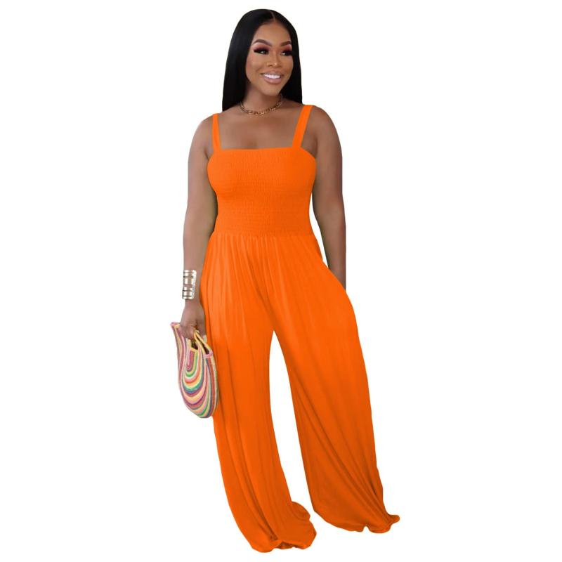 Orange Straps Folds Fashion Women Wide Leg Jumpsuits Dress