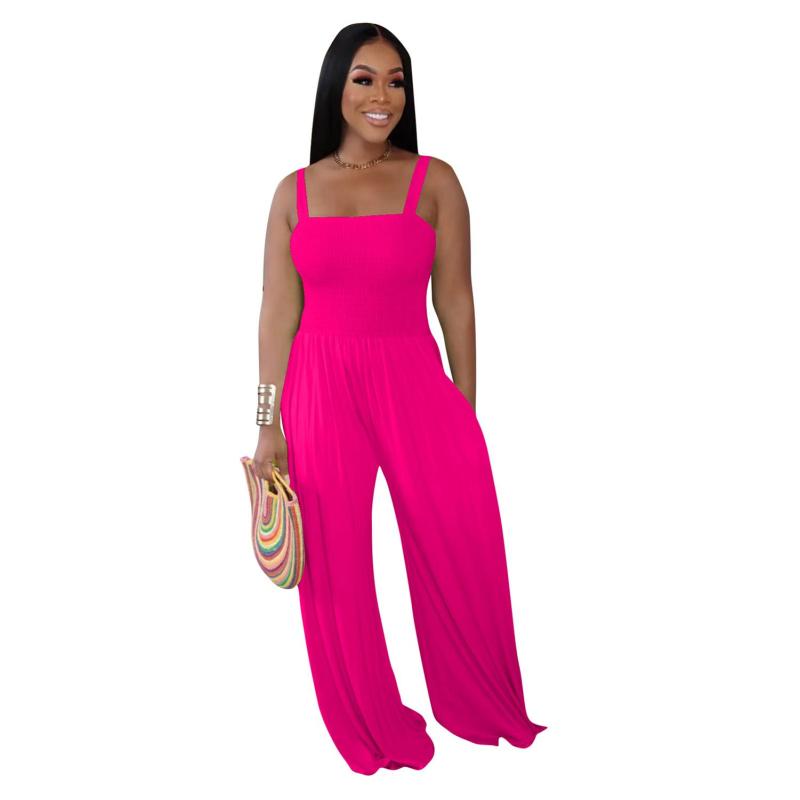 Rose Red Straps Folds Fashion Women Wide Leg Jumpsuits Dress