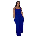 Blue Straps Folds Fashion Women Wide Leg Jumpsuits Dress