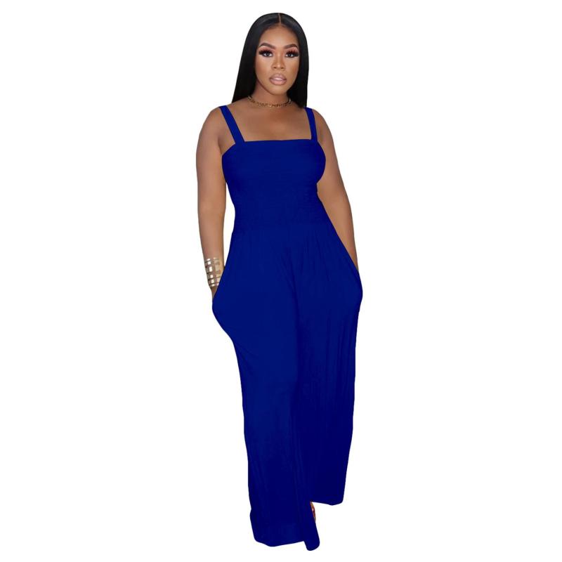 Blue Straps Folds Fashion Women Wide Leg Jumpsuits Dress
