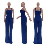 Blue Straps Folds Fashion Women Wide Leg Jumpsuits Dress