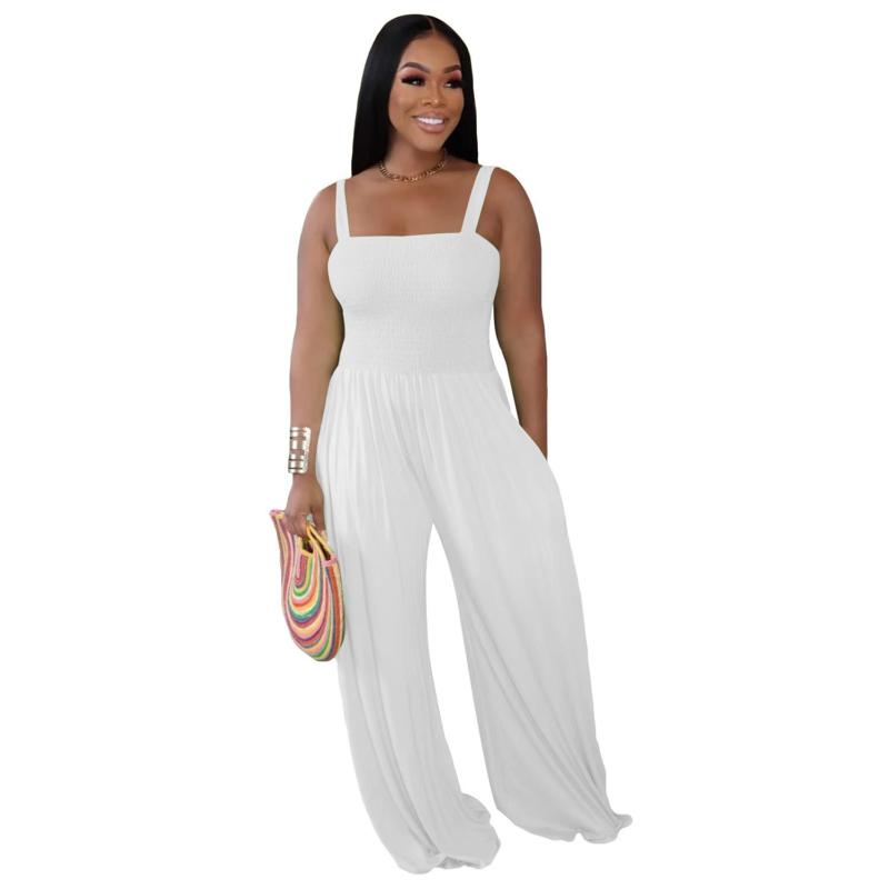 White Straps Folds Fashion Women Wide Leg Jumpsuits Dress