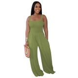 ArmyGreen Straps Folds Fashion Women Wide Leg Jumpsuits Dress