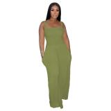 ArmyGreen Straps Folds Fashion Women Wide Leg Jumpsuits Dress