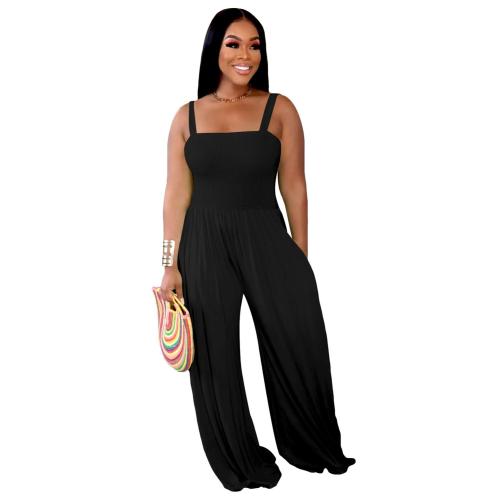 Black Straps Folds Fashion Women Wide Leg Jumpsuits Dress
