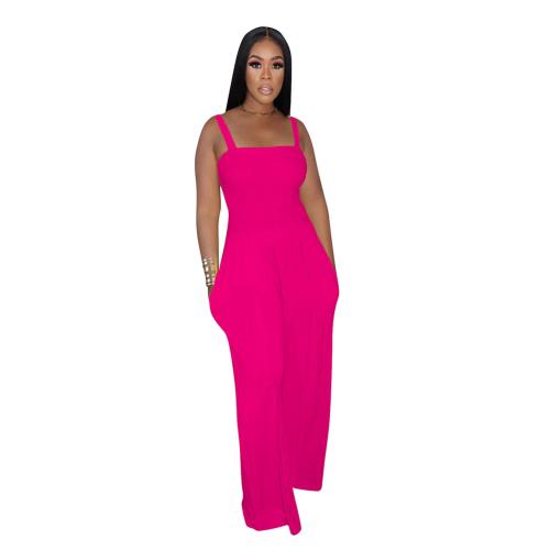Rose Red Straps Folds Fashion Women Wide Leg Jumpsuits Dress