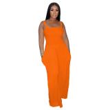Orange Straps Folds Fashion Women Wide Leg Jumpsuits Dress