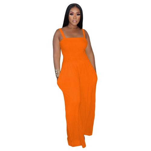 Orange Straps Folds Fashion Women Wide Leg Jumpsuits Dress