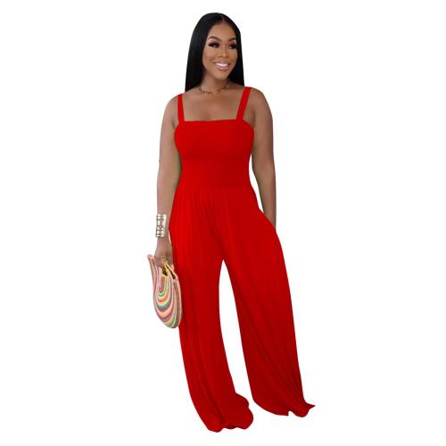 Red Straps Folds Fashion Women Wide Leg Jumpsuits Dress