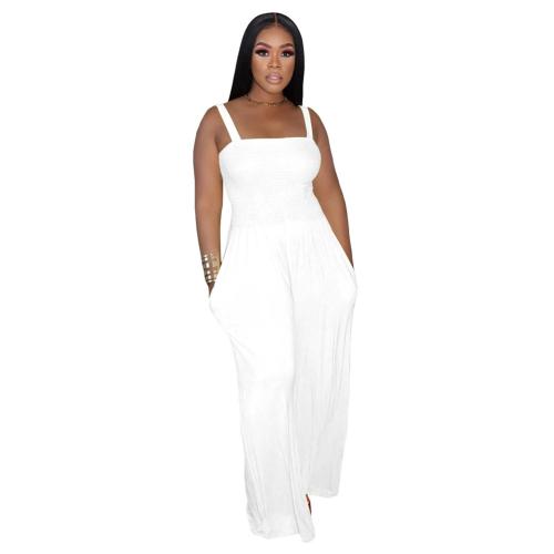 White Straps Folds Fashion Women Wide Leg Jumpsuits Dress