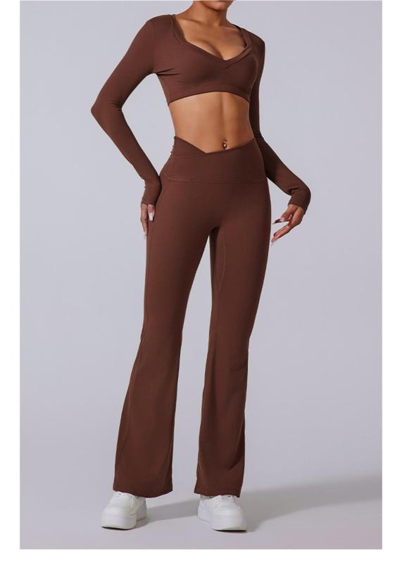 Brown Flare Leggings Yoga Pants Women High Waist Gym Wide Leg Pants