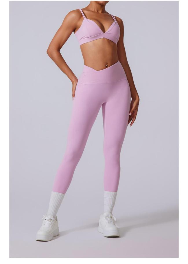 Pink Straps V Neck Crop Tops Skinny Pants Fitness Women Yoga Gym Sports Dress