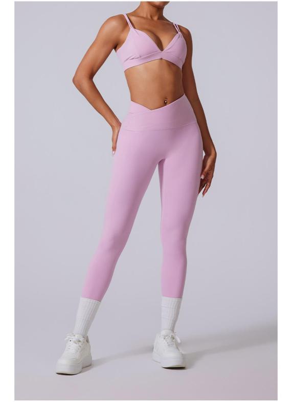 Pink Straps V Neck Crop Tops Skinny Pants Fitness Women Yoga Gym Sports Dress