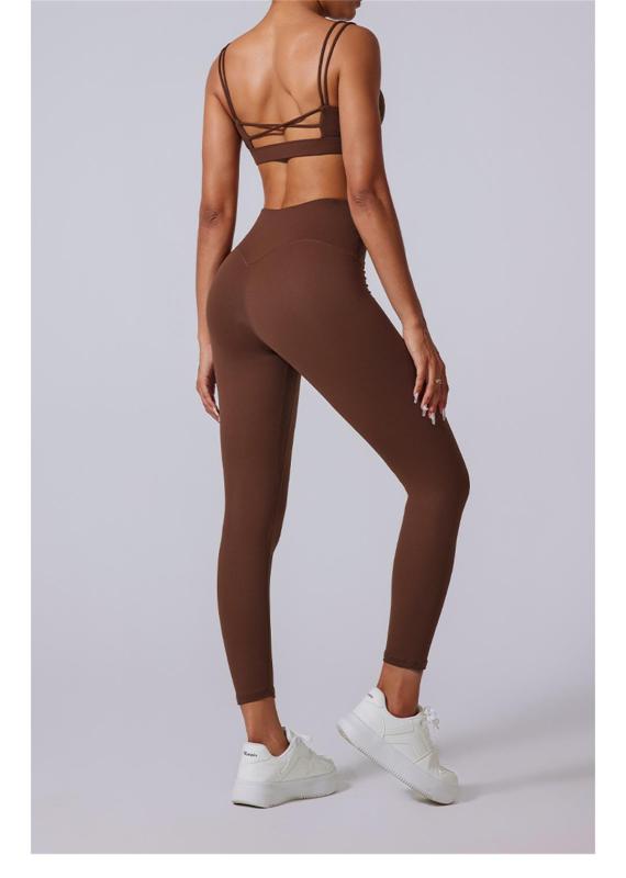 Brown Straps V Neck Crop Tops Skinny Pants Fitness Women Yoga Gym Sports Dress
