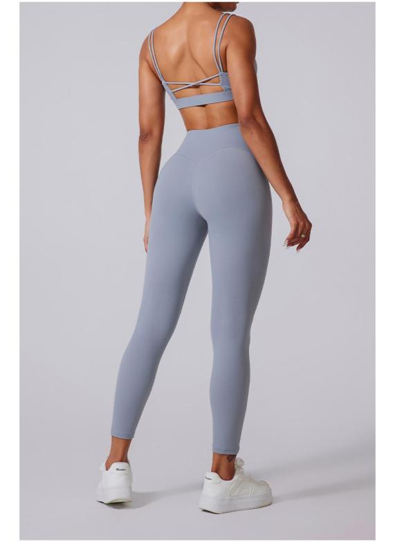 Gray Straps V Neck Crop Tops Skinny Pants Fitness Women Yoga Gym Sports Dress