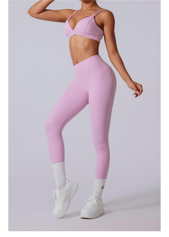 Pink Straps V Neck Crop Tops Skinny Pants Fitness Women Yoga Gym Sports Dress