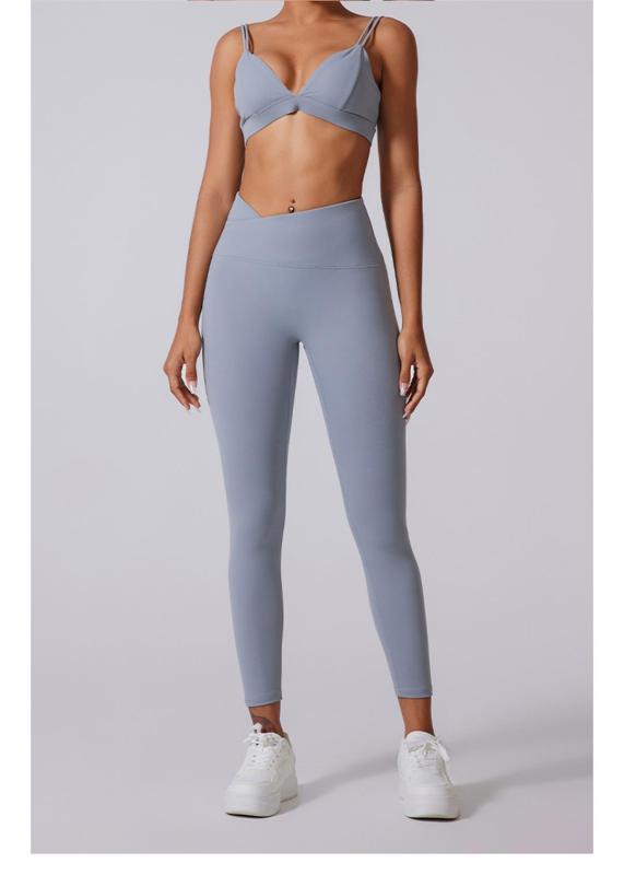 Gray Straps V Neck Crop Tops Skinny Pants Fitness Women Yoga Gym Sports Dress